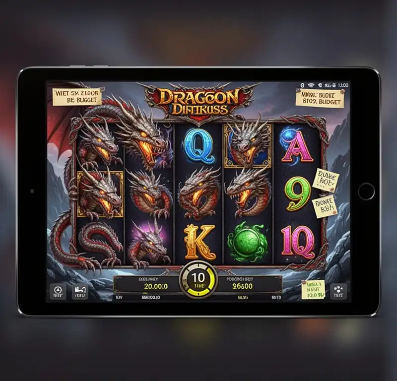 A tablet showing a demo-style dragon pokie session with a timer and small budget notes.