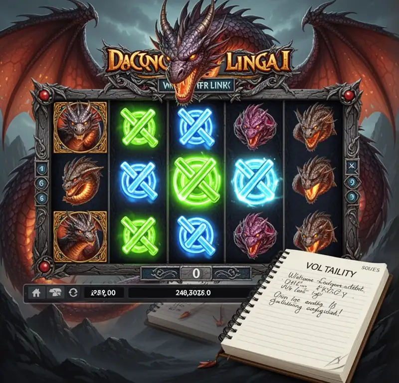 A dragon themed pokie screen with glowing link symbols and a notebook about volatility.