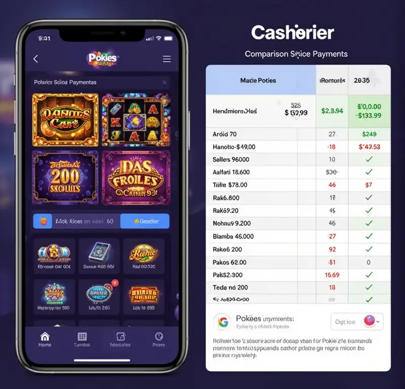 A digital wallet screen next to a cashier comparison sheet for pokies payments.