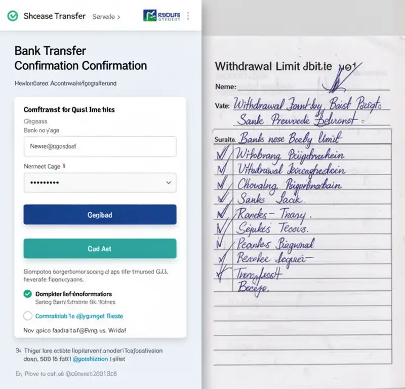 A bank transfer confirmation page compared with a handwritten withdrawal limit checklist.