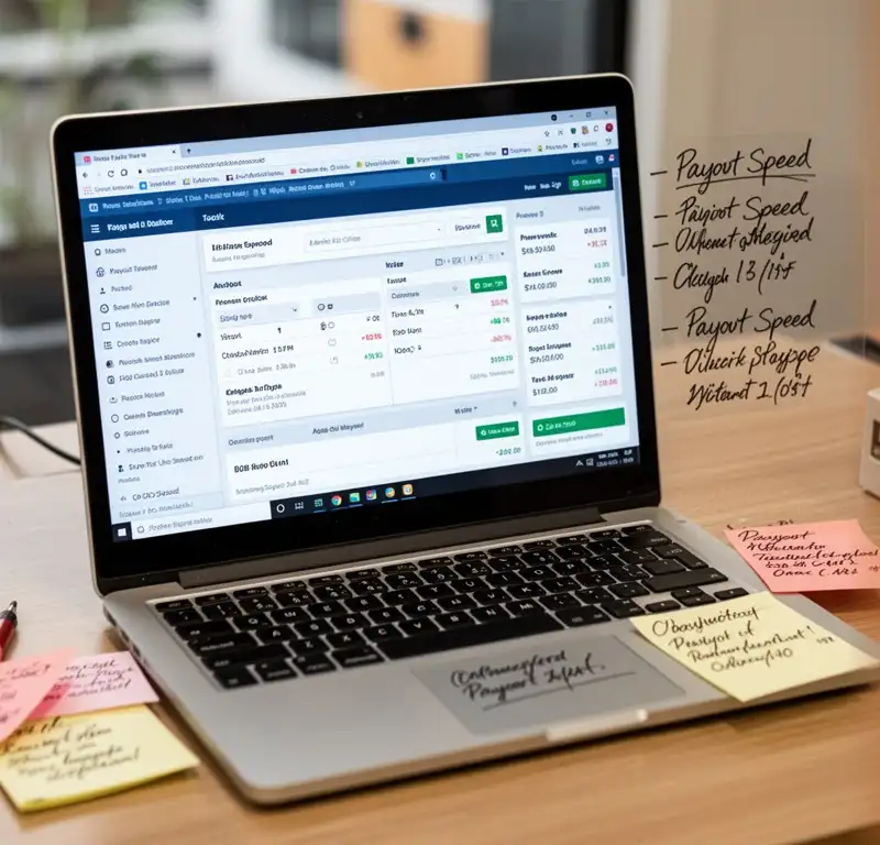 A cashier screen on a laptop with payout speed notes written beside it.