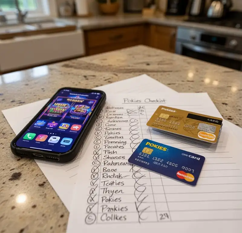 A phone, a payment card and a handwritten pokies checklist on a kitchen table.
