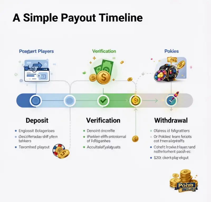 A simple payout timeline showing deposit, verification and withdrawal steps for pokies players.