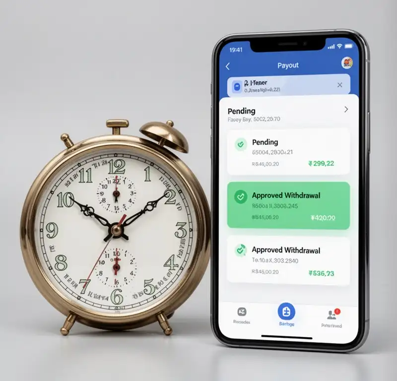 A payout clock beside a mobile banking app showing pending and approved withdrawal stages.