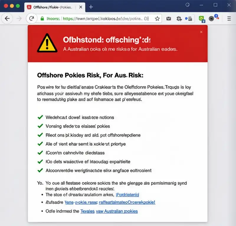 A browser warning screen and checklist explaining offshore pokies risk for Australian readers.