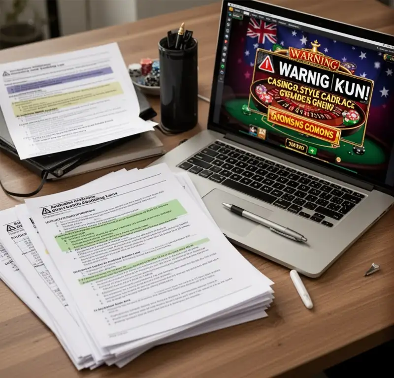 A set of Australian online gambling law notes beside a laptop showing casino-style game warnings.
