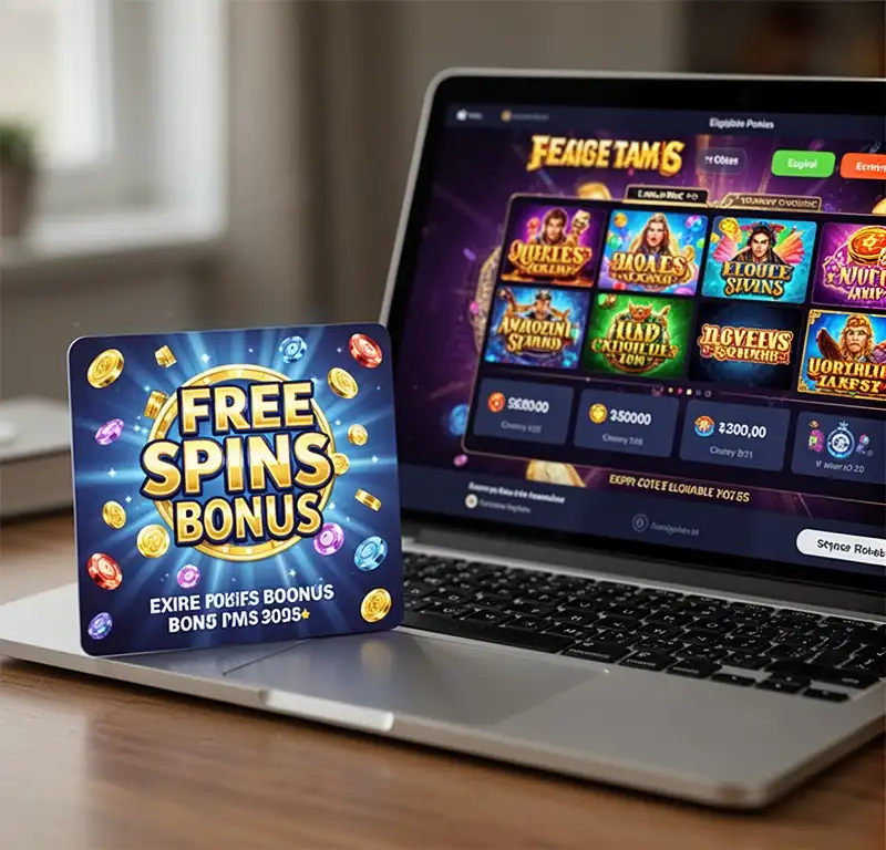 A free spins bonus card beside a laptop showing eligible pokies and expiry notes.