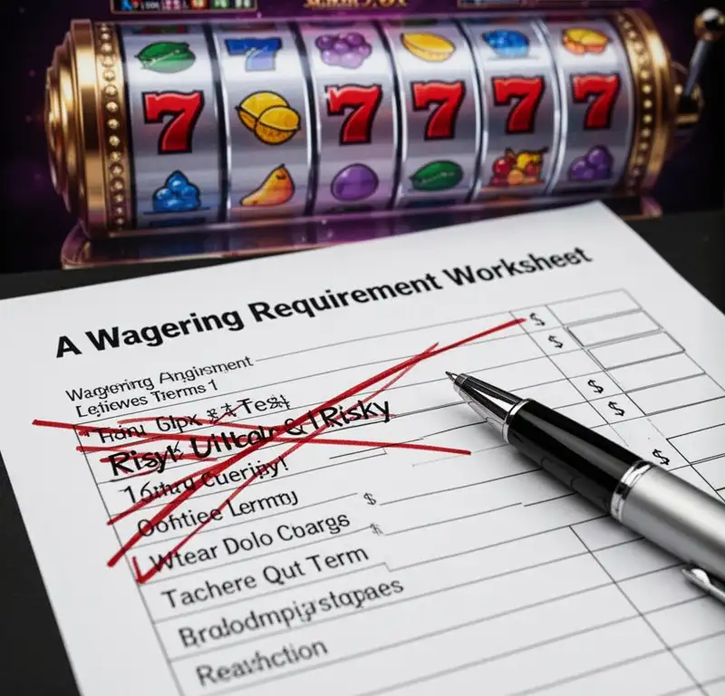 A wagering requirement worksheet with reels in the background and a pen crossing out risky terms.