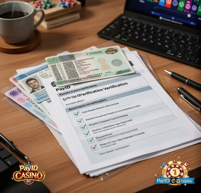 A desk scene with identity documents covered and a checklist for PayID casino verification.