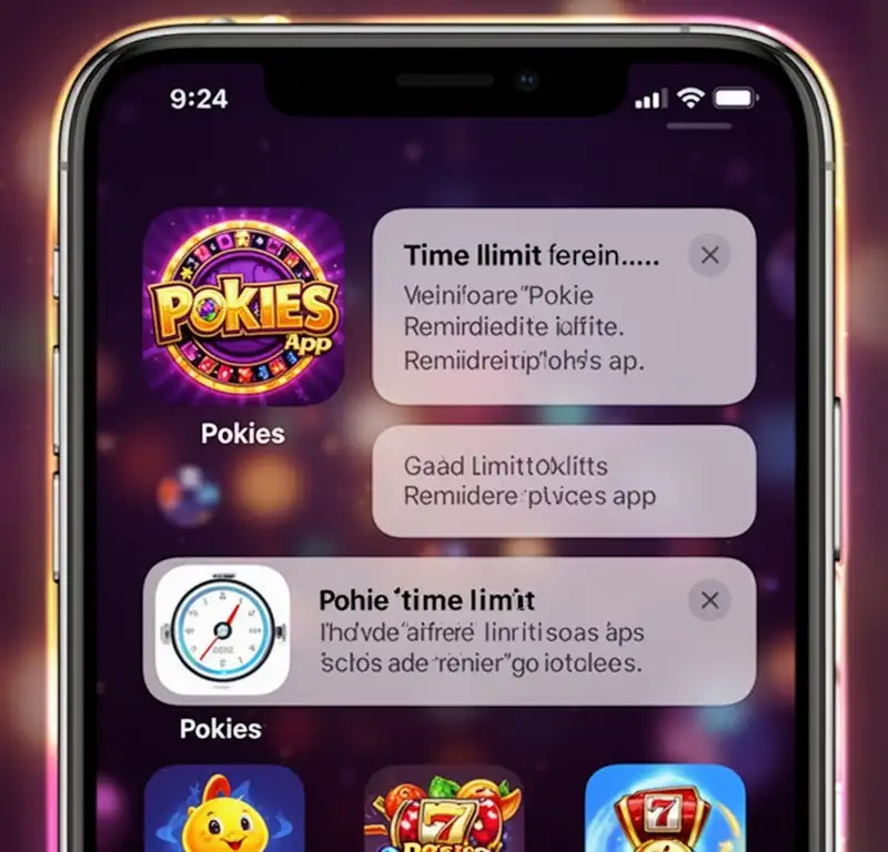 A smartphone home screen showing a pokies app icon next to time limit reminders.