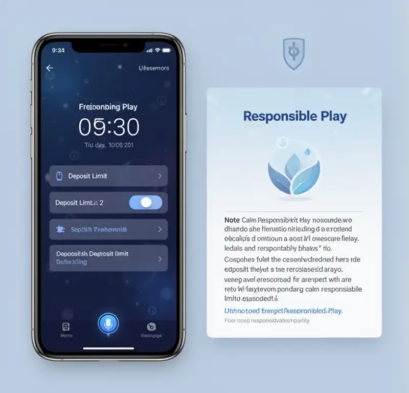 A phone showing time and deposit limit settings beside a calm responsible play note.