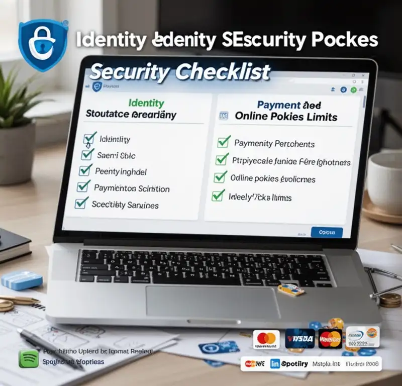A laptop with a security checklist covering identity, payments and online pokies limits.