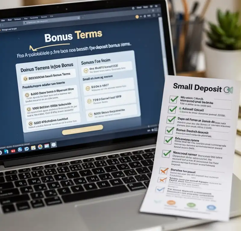 A close view of bonus terms on a laptop with a small deposit checklist nearby.