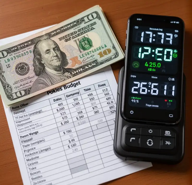 A ten dollar note beside a simple pokies budget sheet and a phone timer.